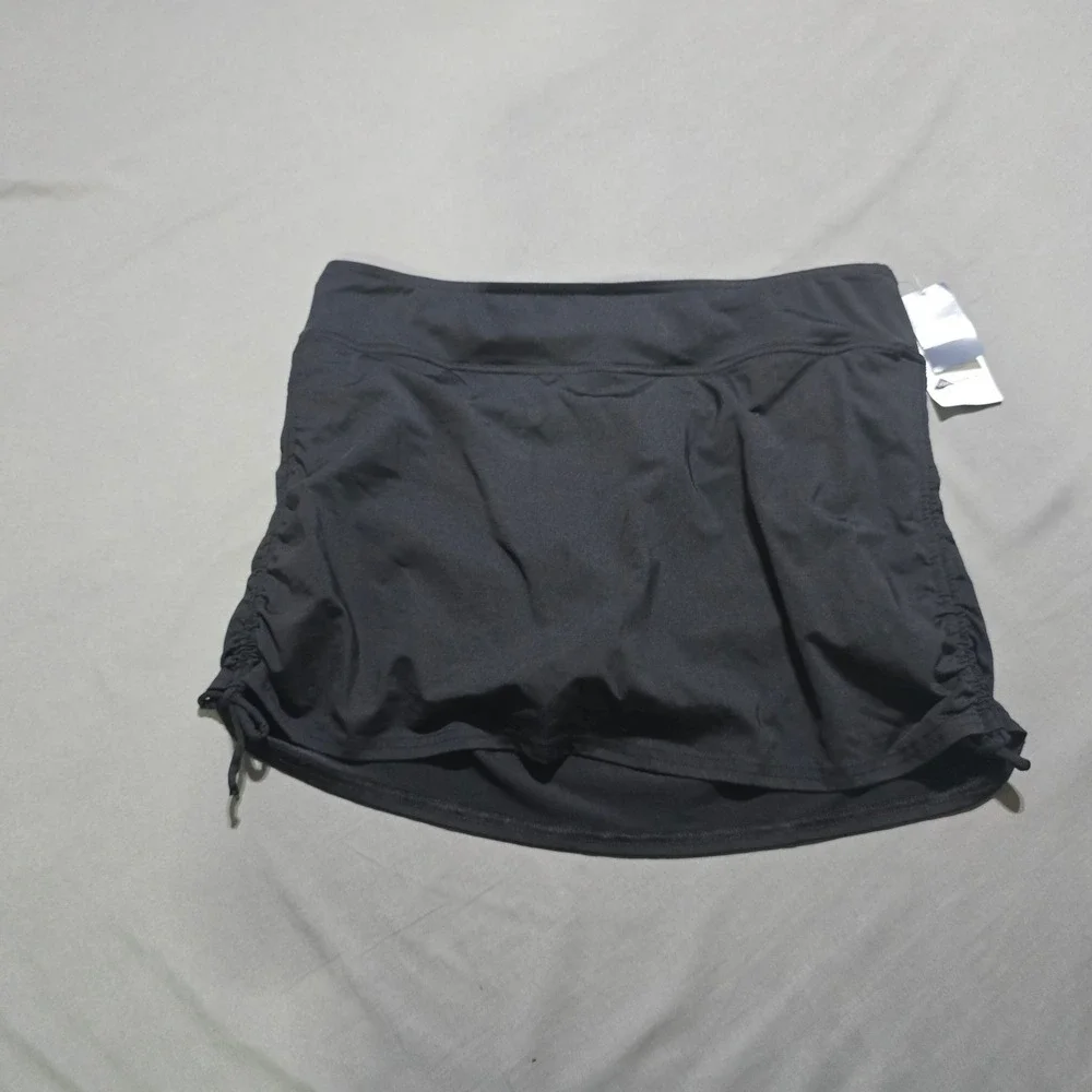 Lands End Swim Skirt Women 14 Black Ruched Side Swimsuit Bottom Skort NEW